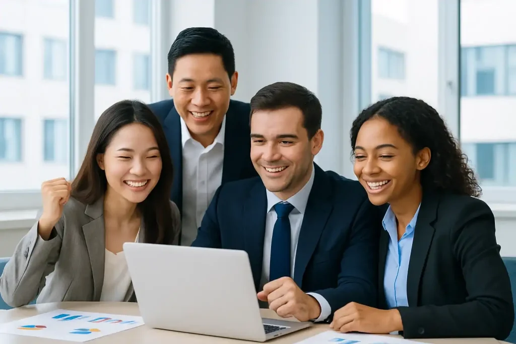 適切なセキュリティ対策とリスク管理を行い、安心してパソコン業務に取り組む笑顔のビジネスチーム